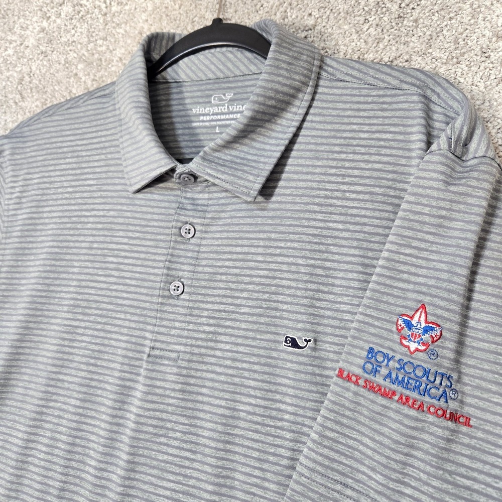 Vineyard Vines Performance Polo Men Large Gray Stripe Boy Scouts Of America Logo